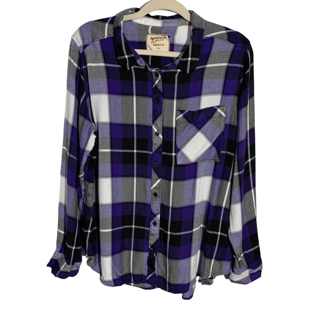 Arizona Jeans Women's Size XL Boyfriend Fit Plaid Button Up Shirt 100% Rayon